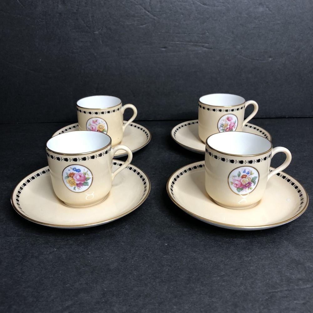 4 Copeland Spode Demitasse Cups & Saucers Rose Floral Blue Band R6704 READ